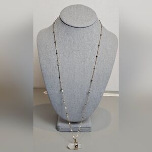 Multi Tone Beaded Chain Gold Necklace With White Crystal Faceted Pendant